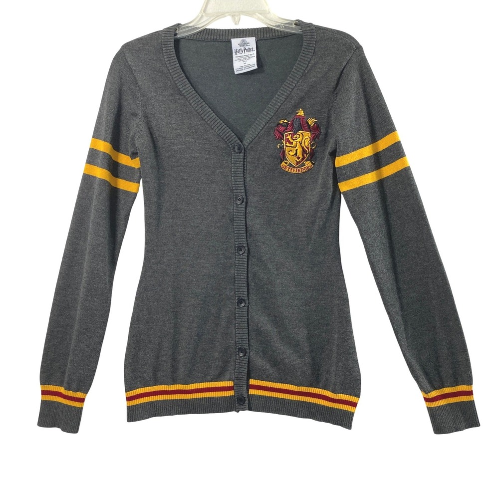 Harry Potter Cardigan Women XS Gryffindor Gray V-Neck Button Up Sweater Preppy